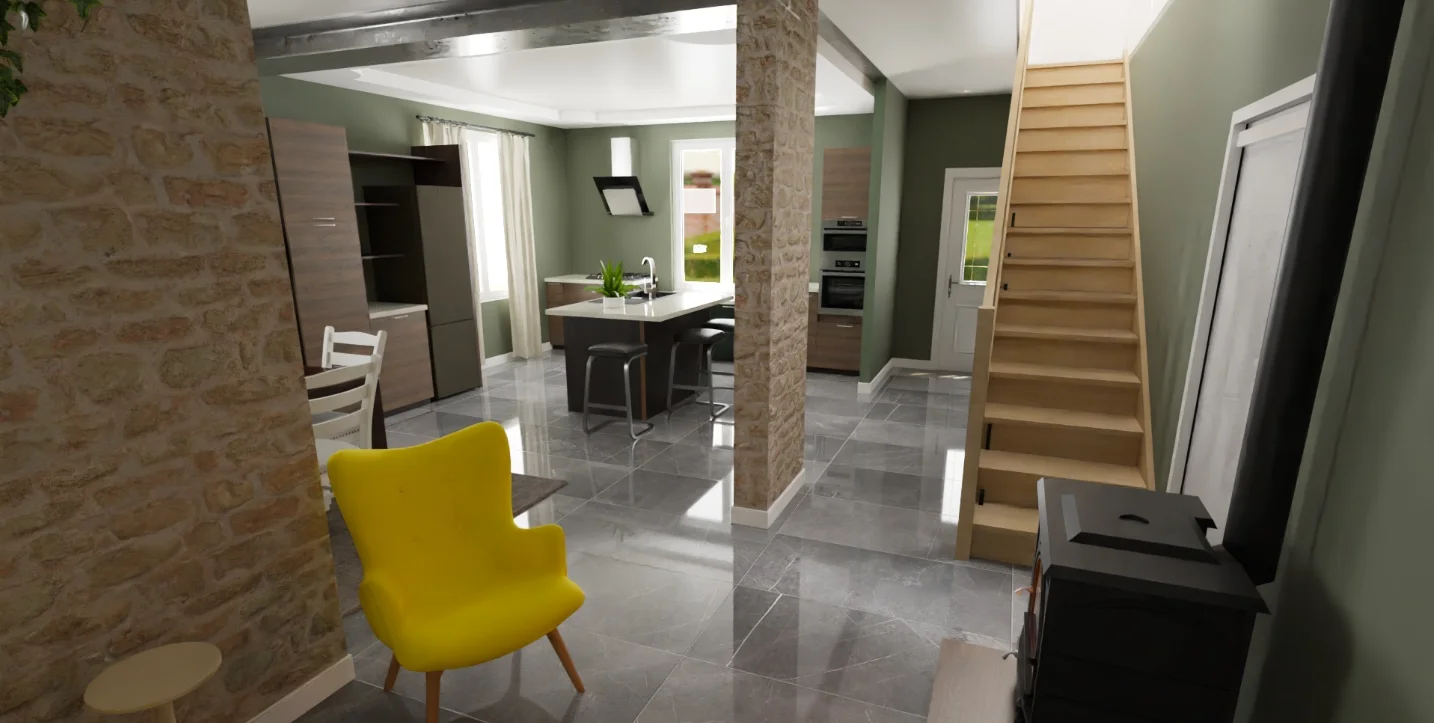 Projection 3D — Pièce de vie ouverte avec cuisine