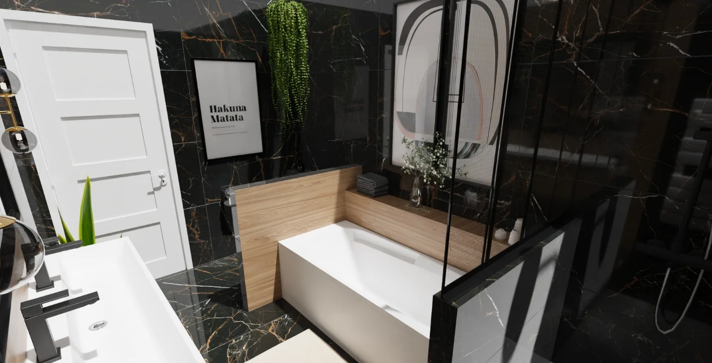 Projection 3D — Salle de bain noire et bois