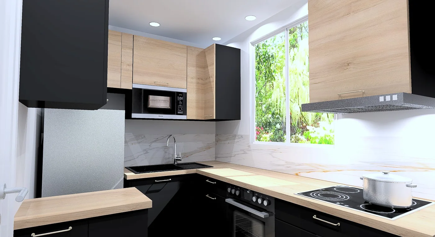 Projection 3D — Cuisine noire et bois