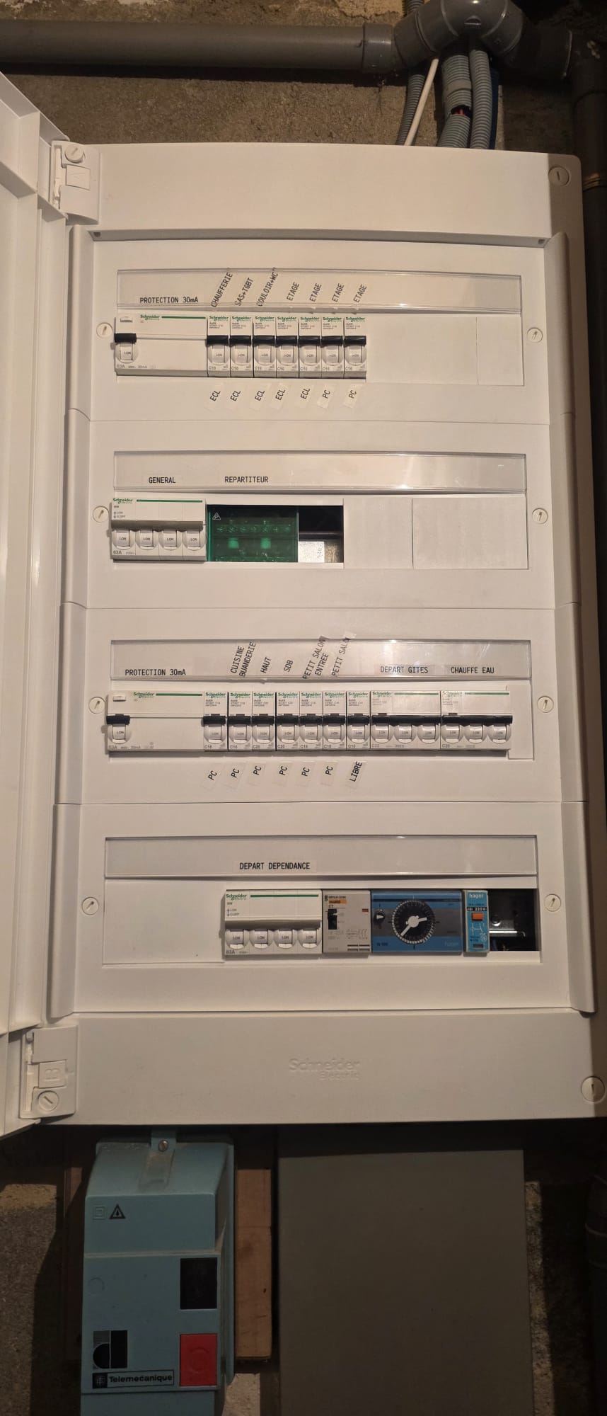 Tableau électrique à quatre rangées — Circuits repérés